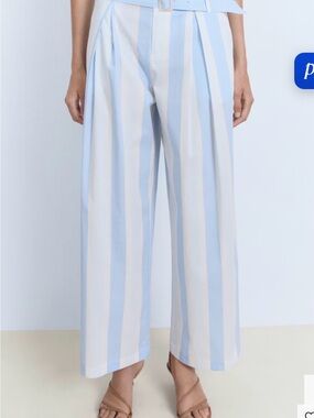 Mango Light Blue and White Vertical-Stripe Wide-Leg Pants